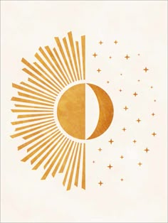 the sun and moon are depicted in gold on a white background with small stars around it