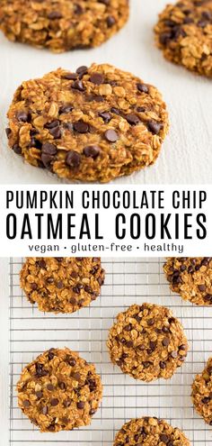 pumpkin chocolate chip oatmeal cookies on a cooling rack with text overlay