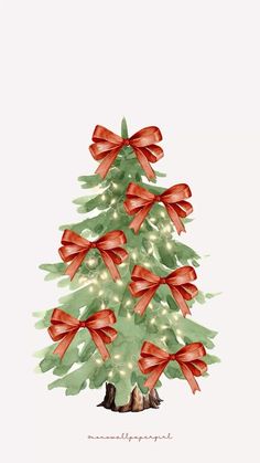 a watercolor christmas tree with red bows on it's top and lights around the base