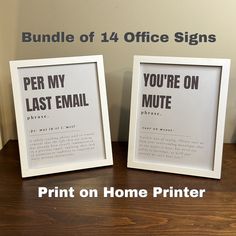 two white frames sitting next to each other on top of a wooden table with the words print on home printer