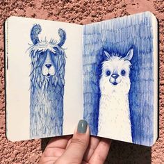 a hand holding an open book with drawings of llamas and alpacas