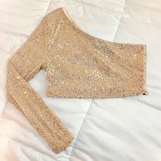 Brand New Crop Top With Zipper On The Side. It’s A Size Medium, But Fits More Like A Small! Chic Long Sleeve Sequined Crop Top, Fitted Long Sleeve Crop Top For Festive Occasions, Festive Fitted Spring Tops, Long Sleeve Sequin Crop Top For Summer, One Sleeve Crop Top, Sabrina Concert, Long Sleeve Corset Top, Summer Bra, New Crop Top