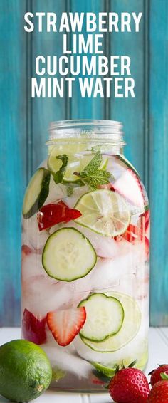 strawberry lime cucumber mint water in a mason jar