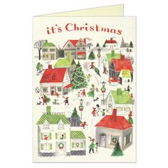 it's christmas card with houses and trees