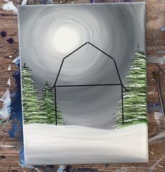 an acrylic painting of a house in the snow with trees on each side