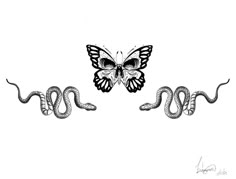 a drawing of two snakes with a butterfly on their back and one in the middle