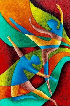 an abstract painting of two people dancing with their arms in the air and holding hands behind them