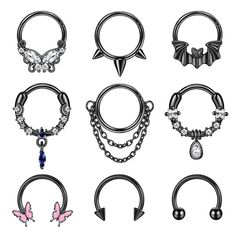 various types of piercings with different shapes and sizes, including an arrow, nose ring,