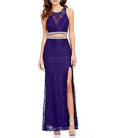 Jodi Kristopher Beaded Trim Glitter Lace Two-Piece Long Dress Sleeveless Mermaid Dress With Back Opening, Sleeveless Gown With Sweep Train For Homecoming, Purple Gown For Night Out, Sleeveless Purple Mermaid Dress For Evening, Purple Mermaid Dress With Sweep Train, Glamorous Purple Sleeveless Gown, Purple Sleeveless Gown For Gala, B Darlin Dress, Two Piece Long Dress