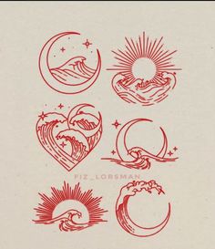 some red ink drawings on white paper with waves and sun in the middle, one has a heart