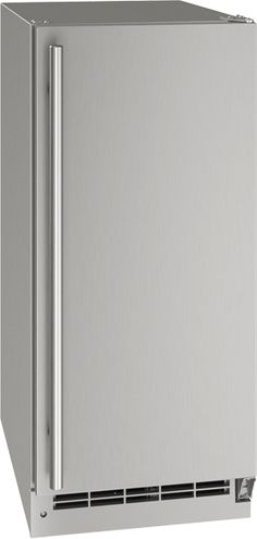 a silver refrigerator freezer sitting on top of a white floor next to a wall