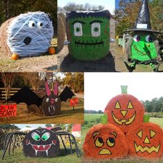 various halloween decorations made out of hay and pumpkins