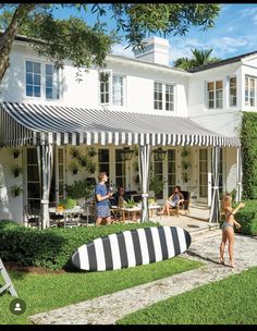 Spanish Style Patio, Striped Awning, Awning Ideas, Canvas Awnings, Porch Awning, Garden Awning, Outdoor Awnings, Pool Landscape Design, Stucco Homes