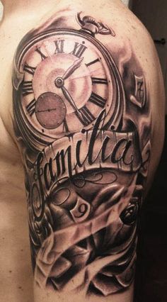 a man with a clock tattoo on his arm