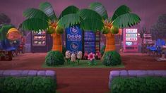 a cartoon character is standing in front of a booth with palm trees and other items