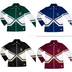 four different colored jackets with gold, white, and blue stripes on them are shown