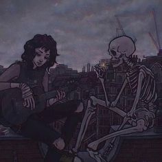 two skeletons playing guitars in front of a cityscape with a skeleton holding a guitar