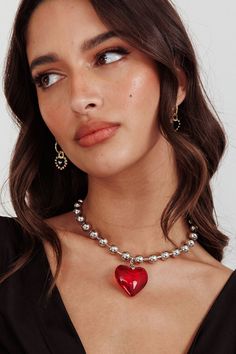 Lee Silver Bead Large Heart Necklace Red by Selfie Leslie Cheap Heart-shaped Beaded Necklace, Galentines Night, Heart Necklace Red, Red Heart Necklace, Metal Bead, Large Heart, Puffed Heart, Necklace Red, Silver Bead