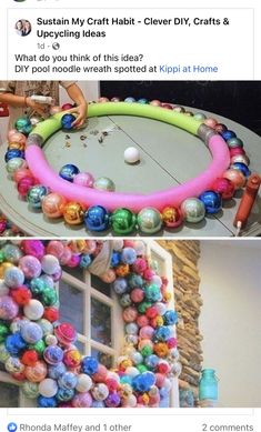 two pictures with different colored balls on them and one has a circle made out of balloons