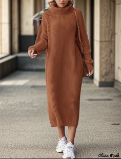 Olivia Mark - Womens Knee-Length Knitted Turtleneck Dress - Loose-fit, Casual, Sweater Dress with Overcoat Dress For Winter, Knitted Sweater Dress, Knitted Turtleneck, Fall Sweater Dress, Winter Wardrobe Essentials, Sweater Dress Outfit, Stylish Fall Outfits, Fashion Top Outfits, Dresses Casual Winter