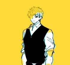 an anime character with blonde hair wearing a black vest and white shirt, standing in front of a yellow background