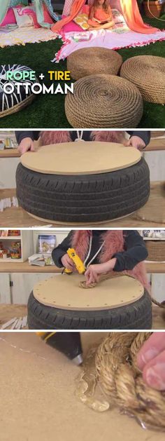 two pictures showing how to make an ottoman out of old tire tires and other things