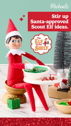 an elf is sitting at a table with food on it and the capt says, santa - approved scout ideas