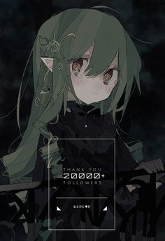 an anime character with long green hair and black eyes, standing in front of a dark background