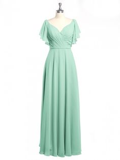 Mint Green Bridesmaid Dress, Chiffon Gown With Ruched Bodice In Maxi Length, Elegant Light Green Dress With Short Sleeves, Chiffon Gown With Ruched Bodice For Gala, Chiffon Gown With Pleated Bodice For Gala, Gala Gown With Ruched Bodice In Chiffon, Gala Chiffon Gown With Ruched Bodice, Evening Chiffon Bridesmaid Dress With Ruffles, Bridesmaid Gown With Ruffles And Fitted Bodice