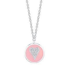 14K gold with 0.04-carat pink enamel diamond heart circle disc pendant necklace Model Number: SDL55021543EPWY Elegant Enamel Heart Cut Jewelry, Elegant Heart Cut Enamel Jewelry, White Gold Round Charm Necklaces, Diamond Charm Necklace With Heart Pendant, Diamond Heart Pendant Necklace With Charms, Pink Round Necklace For Valentine's Day, Pink Heart Charm Round Pendant Jewelry, Pink Round Pendant Jewelry With Heart Charm, Fine Jewelry Pink Heart Charm