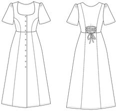 the front and back views of a women's dress, with buttons on the waist