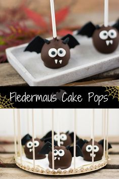 chocolate cake pops decorated with fake bats and spider webs for halloween party food ideas