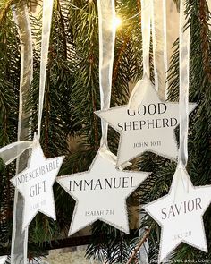 three white stars hanging from a christmas tree with the words good shepherd written on them