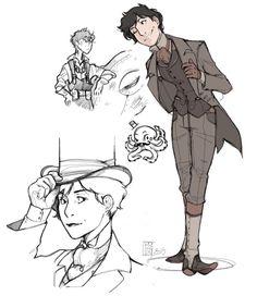 some sketches of people in different outfits and hats, one with a hat on his head