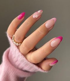 Pink French tips, swirls, and floral nail art on medium round nails Short Spring Nail Designs 2024, Pink French Nails, Short Almond, Her Nails, Almond Nails Designs, Round Nails, Nails Spring, Pink Acrylic Nails