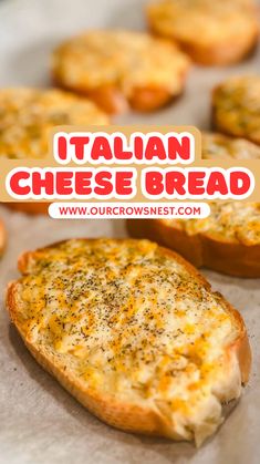 some bread with cheese on it and the words italian cheese bread in front of them