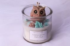 a candle with an owl figurine sitting in it's glass jar on a white background