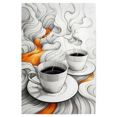 two cups of coffee sit on a saucer in front of an abstract background with orange and white swirls