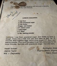 a menu listing the ingredients for lemon squares