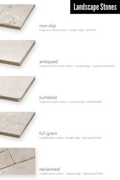 the different types of stone that are used in landscaping and construction projects, with descriptions on each side