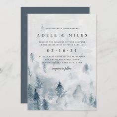 a wedding card with watercolor trees on the front and back, in grey tones