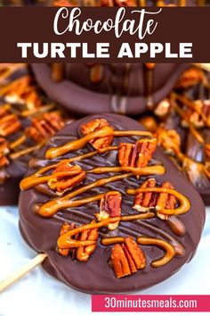 chocolate turtle apple with caramel drizzle on top and text overlay that reads chocolate turtle apple