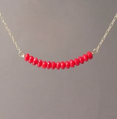 Red Coral Beaded Necklace available in gold, rose gold, or silver Red Necklace With Adjustable Chain For Everyday, Red Minimalist Necklace With Delicate Chain, Dainty Red Jewelry For Everyday, Minimalist Red Necklace With Delicate Chain, Red Dainty Jewelry With Round Beads, Dainty Red Round Bead Jewelry, Red Dainty Round Beaded Jewelry, Dainty Red Round Beaded Jewelry, Elegant Red Necklace For Everyday