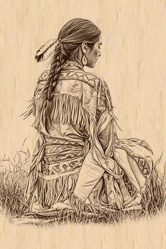 a drawing of a native american woman sitting in the grass with her back to the camera