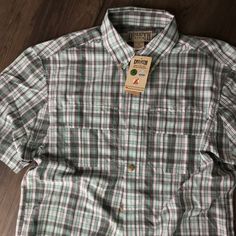 Green And Gray Plaid, Short Sleeved With Button-Down Green Buttoned Tops For Outdoor, Fitted Cotton Outdoor Shirt, Fitted Cotton Shirt For Outdoor, Shirt Wrinkles, Flannel Men, Black Flannel, Duluth Trading Company, Green And Gray, Button Down Shirt Mens