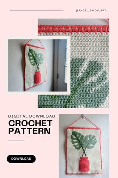 the crochet pattern is shown with an image of a green plant and a red vase