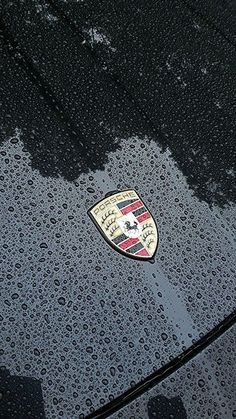 a badge on the hood of a car covered in rain