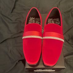 Men’s Formal Red Shoes. Never Worn Before Size 8.5 Red Round Toe Loafers For Party, Red Slip-on Low-top Loafers, Red Casual Slip-on Dress Shoes, Red Suede Loafers For Formal Occasions, Red Slip-on Dress Shoes With Branded Insole, Mens Formal, Shoes Color, Red Shoes, Slip Ons