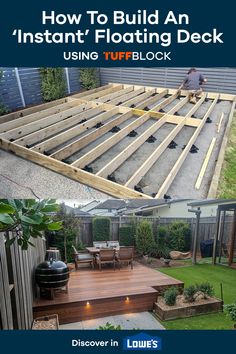 floating deck in beautiful yard with before and after shot showing the joist subframe Ground Deck, Deck Foundation, Plastic Decking, Floating Deck, Back Deck, Deck Ideas