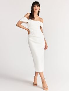 Off-The-Shoulder V-Neck Midi Dress - Lena | New York & Company Elegant Cold Shoulder Midi Dress For Summer, Chic Cold Shoulder Formal Dress, Chic Formal Cold Shoulder Dress, Elegant Spring Cold Shoulder Midi Dress, Elegant Cold Shoulder Midi Dress For Spring, Elegant Spring Midi Dress With Cold Shoulder, Elegant Cold Shoulder Midi Dress For Formal Occasions, Spring Formal Cold Shoulder Dress, Chic Off Shoulder V-neck Dress For Spring